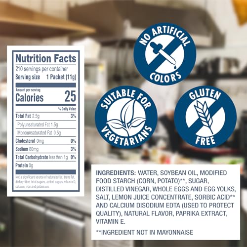 Hellmann's Light Mayonnaise Stick Packets Easy Open, Condiment for Sandwiches, Salads, Mayo Made with 100% Cage Free Eggs, Gluten Free, 0.38 oz, Pack of 210