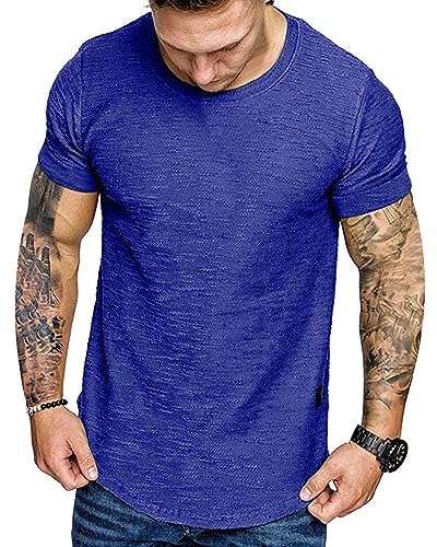 Fashion Mens T Shirt Muscle Gym Workout Athletic Shirt Cotton Tee Shirt Top 240-skyblue