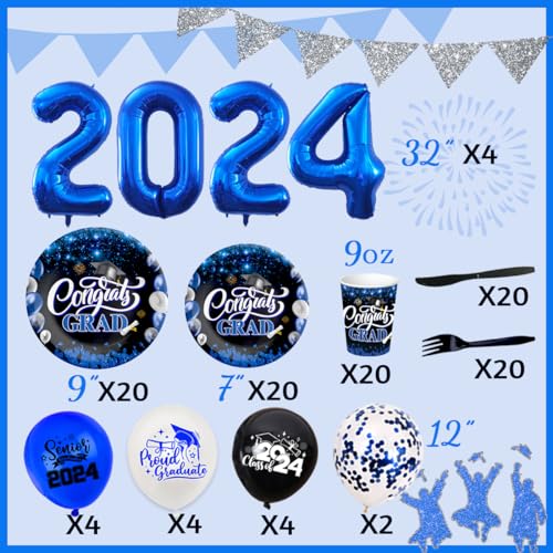 2024 Graduation Decorations-122Pcs Graduation Party Supplies Included Congrats Grad Backdrop,Graduation Banner, Balloons and Tableware(Blue)