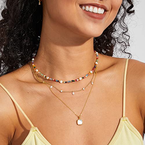 KissYan Beaded Choker Necklace for Women, Colorful Natural Gemstones Pearl Choker 14K Gold Plated Pendant Healing Crystal Necklace Stone Jewelry Gift for Teen Girls(Shell Stone)