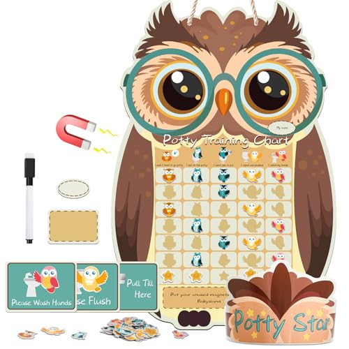 Potty Training Chart for Toddlers Boys and Girls, Large Owl Potty Chart with 37 Magnetic Stickers for Kids, Cute Reusable Potty Training Reward Chart with 3 Instruction Steps and Crown, Marker