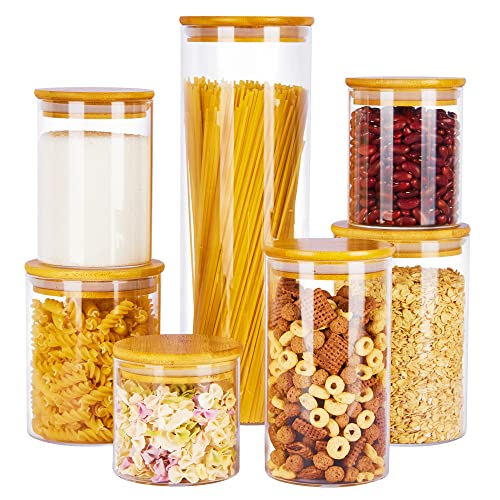 Vtopmart 7-Pack BPA Free Glass Food Storage Jars with Airtight Bamboo Wooden Lids for Pasta, Nuts, Coffee Beans, Cereal and Kitchen Pantry Organization