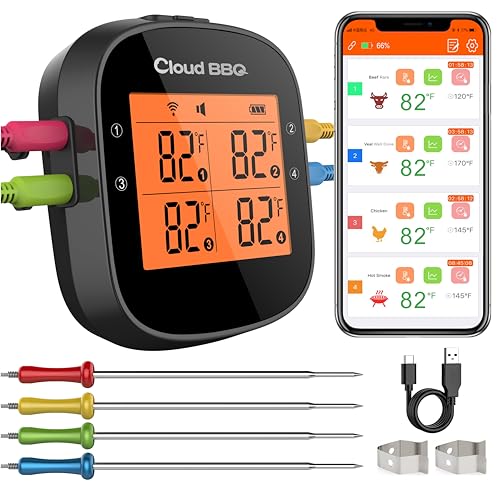 Cloud BBQ 500FT Wireless Meat Thermometer, Smart Rechargeable BBQ Thermometer with Four Probes, Bluetooth Meat Thermometer for Somker, Oven,Grilling, Cooking Turkey Fish Beef (FS-52)