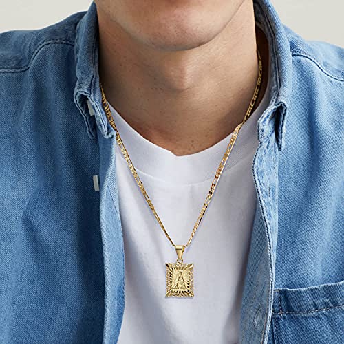 KissYan Initial Letter Pendant Necklace for Men Womens, White Gold Plated Square Capital Monogram Necklace Alphabets from A-Z Figaro Chain Necklace (White Gold T)