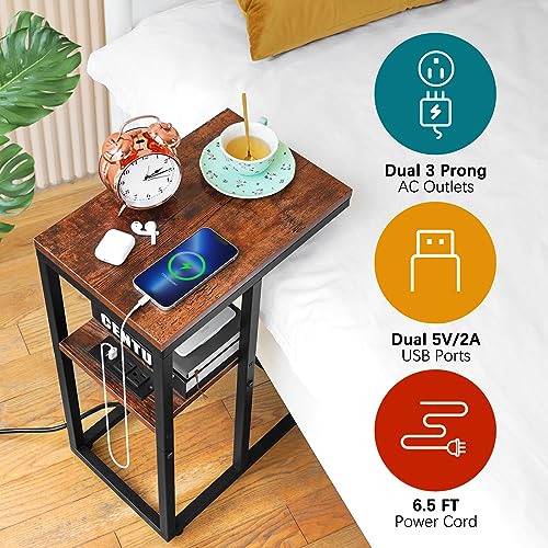 Yoobure C Shaped End Table with Charging Station, Small Side Tables for Living Room, Bedroom, Sofa Table with USB Ports and Outlets for Small Spaces C Couch Table Rustic Snack Table Bed Side Table