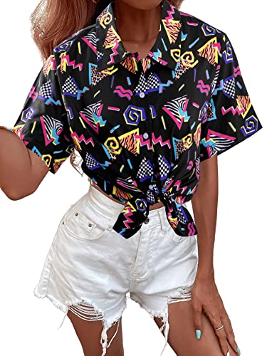 80s 90s Outfits for Women Retro Theme Party Disco Shirt 80s Hawaiian Shirt Neon Button Down Short Sleeve Blouse Tops