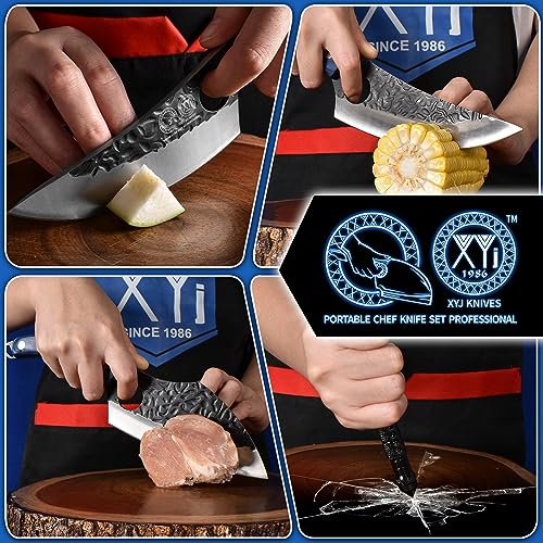 XYJ Professional Kitchen Knife Set with High-Carbon Steel Forged Blades, Chef's Knife, Cleaver, Carving Knife, Nakiri, Full Tang Design, Includes Carrying Bag & Poultry Scissors (5)