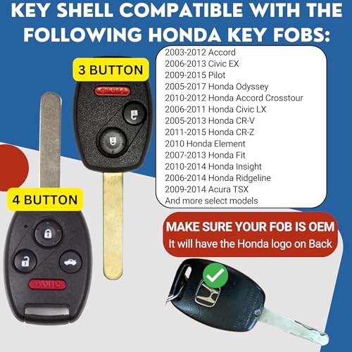 Cutting NOT Required Key Fob Replacement Shell for Honda Accord Civic CRV Pilot and More - Better Than OEM Key Fob Cover - Made in USA Custom Fit Durable Design Check Fitment (Black, 3 Button)