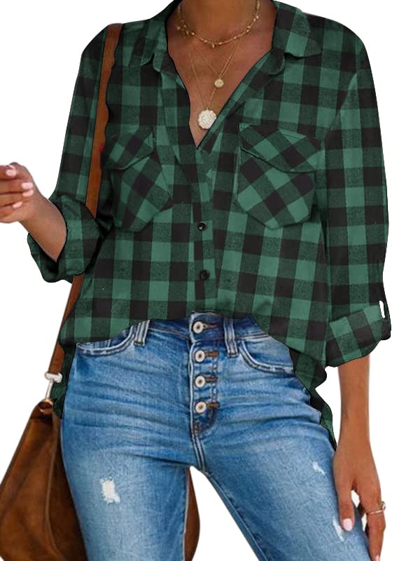 HOTOUCH Women's Long Roll Up Sleeve Cotton Flannels Plaid Shirts Classic Fit Button Down Shirt Blouses with Pockets