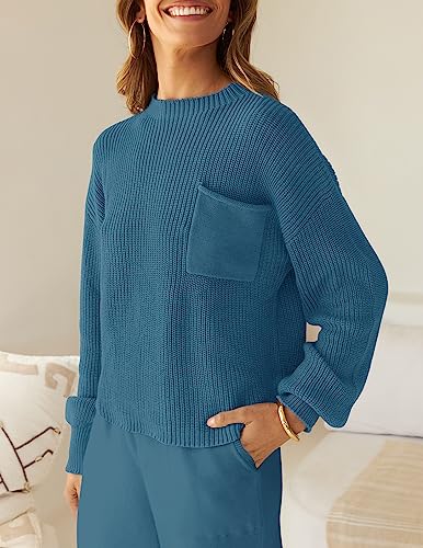ZESICA Women's 2 Piece Outfits Sweater Set Long Sleeve Mock Neck Knit Pullover Top High Waist Pant Tracksuit Lounge Sets,White,Small