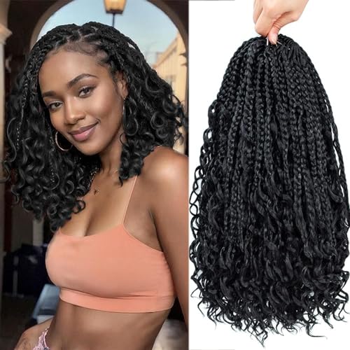 Coolbeeza 10 Inch 8 Packs Goddess Box Braids Crochet Hair with Curly Ends Bohemian Box Braids Boho Crochet Braids Soft Net Synthetic Pre Looped Hair Extensions for Women Kids(1B)