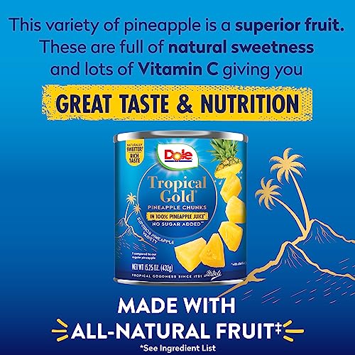Dole Canned Fruit, Tropical Gold Pineapple Chunks in 100% Pineapple Juice, Gluten Free, Pantry Staples, No Sugar Added, 15.25 Oz, 12 Count