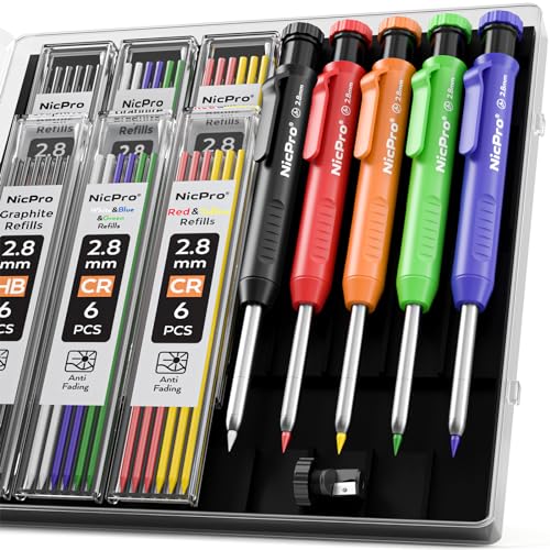 Nicpro 5 Pack Carpenter Pencil with Sharpener, Mechanical Pencils Set with 41 Refills (Red, Black, Yellow, White, Green, Blue), Deep Hole Marker Construction Heavy Duty Woodworking Pencils - With Case