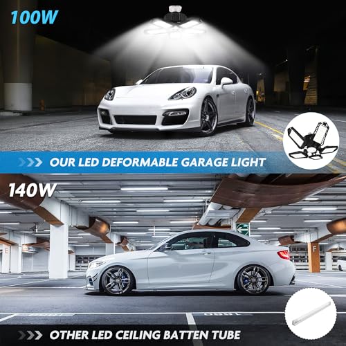 BRAINIAC LED Garage Light Bulbs, 100W 10000LM Garage Lighting with 5 Adjustable Panels, E26/E27 Garage led Lights Screw in Deformable Garage Led Ceiling Light Fixture for Warehouse, Corridor, Stadium