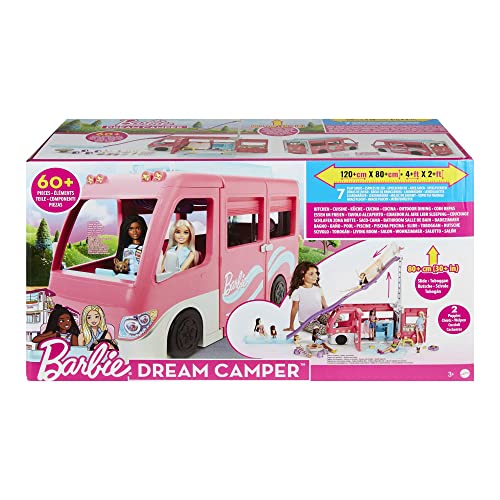 Barbie Camper Playset, DreamCamper Toy Vehicle with 60 Doll-Sized Accessories Including Furniture, Pool & 30-inch Slide