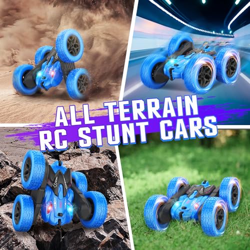 Terucle Remote Control Car, Rc Cars Stunt RC Car Toys New Upgraded Strip Lights and Headlights Car Toys Double-Sided 360° Rotating 4WD Rc Drift Truck for Boys Girls Birthday Gift (Blue)