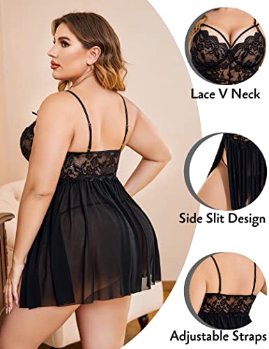 Avidlove Plus Size Babydoll Sexy Lingerie for Women Lace Chemise Lingerie V Neck Nightgown Sexy Sleepwear Sheer Mesh Nightwear Purple