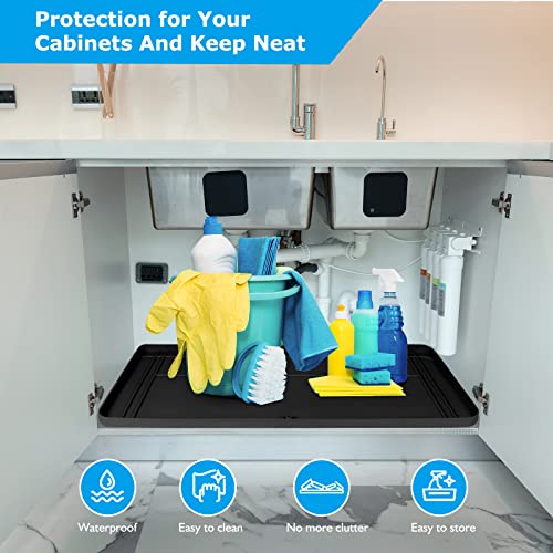 Wohbay Under Sink Mats for Kitchen Waterproof, Cut to Fit Under Sink Drip Tray for Kitchen Bathroom Cabinets, Silicone Sink Liner Hold Up to 3.3 Gallons Liquid, 34" X 22" Or Smaller (Black, Large)