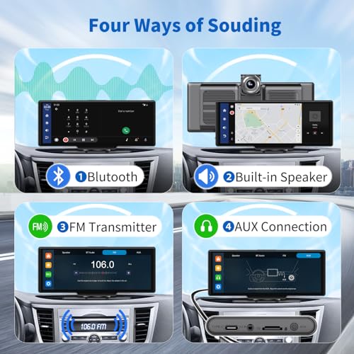 10.26" HD Portable Wireless Carplay & Android Auto Screen with 2.5K Dash Cam, Carplay Screen for Car Support Bluetooth,Mirror Link, Voice Control, GPS Navigation, 1080P Backup Camera+ 64G TF Card