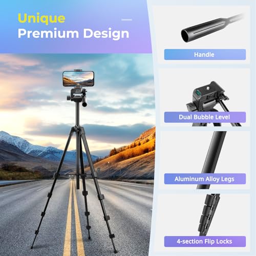 Aureday Phone Tripod Stand, 64” Extendable Cell Phone&Camera Tripod with Wireless Remote and Phone Holder, Aluminum iPad Tripod for Video Recording/Selfies/Live Stream/Vlogging Black