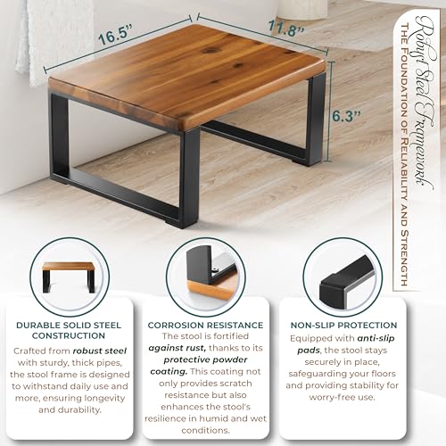 2BHOME Wooden Step Stool, Heavy Duty One Step Stool for Adults, Wooden Stepping Stool with 450Lbs Capacity for Kitchen & Bathroom, Non-slip Wood Bedside Bed Steps with Robust Steel Frame for High Beds