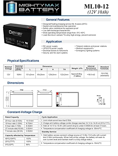 ML10-12 - 12 Volt 10 AH, F2 Terminal, Rechargeable SLA AGM Battery