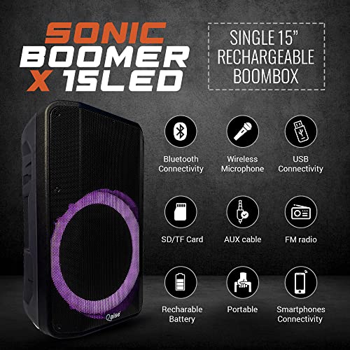 QAISE Portable Bluetooth Speaker & Karaoke Machine - Portable PA System with Wireless Mic, Professional Dual 12” Subwoofer with Lights, 7h Play time, 6000 Watts Peak Power - SonicBoomer X Douze