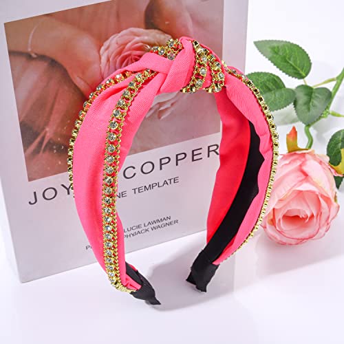 Rhinestone Knotted Headband Sparkle Rhinestone Chain Top Knot Headband for Women Girls White Black Hot Pink Wide Hairband Headpiece Hair Accessories Gift (black rhinestone chain headband)