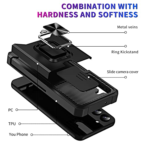 Mavis's Diary Galaxy S24 Kickstand Case, Heavy Duty Shell with Slide Camera Cover, Rotatable Ring Holder Stand, Shockproof Rugged Protective Case for Samsung Galaxy S24 (Black)