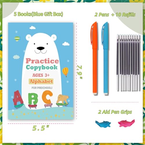 Magic Practice Copybook for Kids, Handwriting Practice Workbook, Reusable Writing Practice Book for Preschool Kids Age 3-8, Calligraphy 7.9in×5.5in (5 Books with Pens)