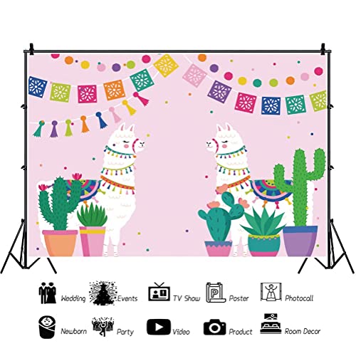 DORCEV 15x10ft Llama Backdrop Cute Alpaca Desert Cactus Colorful Dots Pink Photography Background Mexican Festival Party Supplies Girl Birthday Party Cake Table Banner Mexican Photo Booth Props