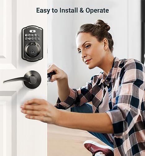 Veise Fingerprint Door Lock with 2 Lever Handles - Keyless Entry Door Lock, Electronic Keypad Deadbolt & Front Door Lock Handle Sets, Auto Lock, Easy Installation, Matte Black