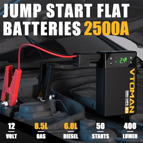 VTOMAN X1 Jump Starter with Air Compressor, 2500A Portable Battery Booster (Up to 8.5L Gas/6L Diesel Engines) with 150PSI Digital Tire Inflator, 12V Power Pack Car Jump Box Charger with LCD Display