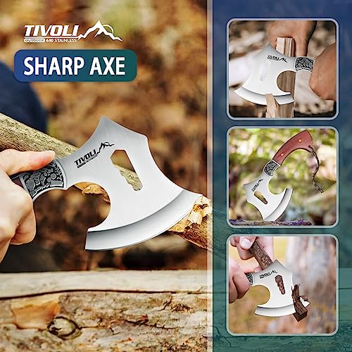 TIVOLI Hatchet Axe with Nylon Sheath,Camping Hatchet Viking Axe with Wood Handle,Portable Survival Axe with Gift Box Small Hatchet for Camping Outdoor Survival, Hunting Gardening