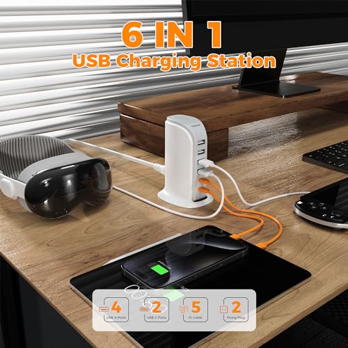 40W USB Charging Station for Multiple Devices, TESSAN USB C Charger Block for iphone13/14/15, ipad, Tablet, Earphone with 6 USB Blocks(2 USB C) USB Charging Tower for Home Office Travel Accessories