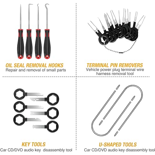 GOOACC 40Pcs Trim Removal Tool,Auto Terminal Removal Key Tool,Auto Clip Pliers Stereo Removal Tools,Car Upholstery Repair Removal Kit,Precision Hook and Pick Set,Wiring Threader,Car Film Scrape-Black