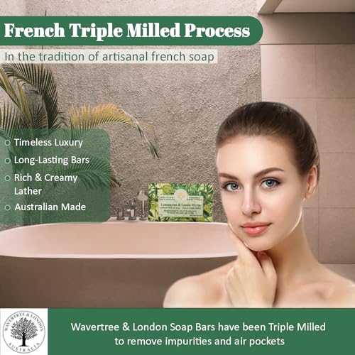 Wavertree & London Lemongrass & Lemon Myrtle Scented Natural Soap (8 Bars), 7oz Moisturizing French Triple Milled Soap Bars enriched with shea butter - Plant Oil Bath & Body Soap for All Skin Types