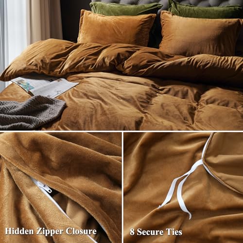 PHF Super Soft Velvet Duvet Cover Queen Size, 3pcs Luxurious Breathable Velour Fluffy Comforter Cover with 8 Ties, Cozy Flannel Duvet Cover with Pillow Shams, Zipper Closure, 90"x90", Camel