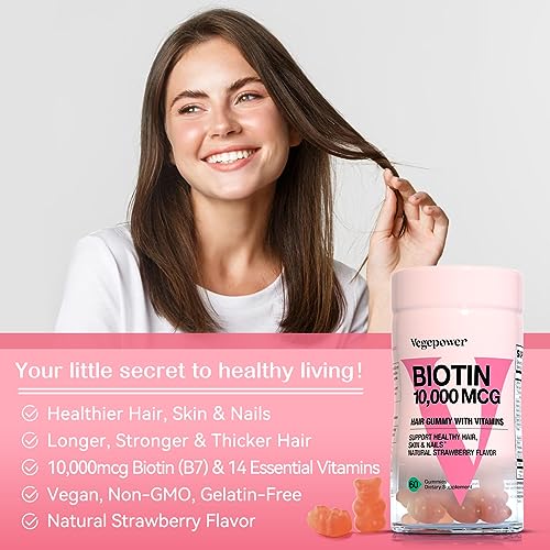 VEGEPOWER Biotin 10000mcg Hair Growth Gummies - Vegan Biotin Supplement Supports Healthy Hair, Skin and Nails, Non-GMO Hair Vitamin Gummy for Women Men Strawberry 60 Bears