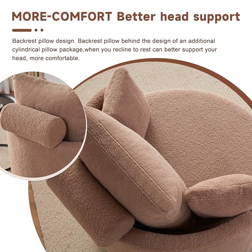 AYEASY Swivel Chair with Half Moon Storage Ottoman, Round Oversized Swivel Barrel Chair with Base Storage for Living Room, 360°Modern Swivel Accent Chair with 3 Pillows for Home, Teddy Fabric,Beige