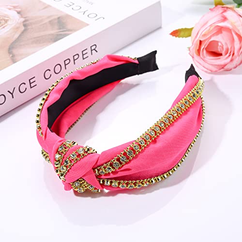 Rhinestone Knotted Headband Sparkle Rhinestone Chain Top Knot Headband for Women Girls White Black Hot Pink Wide Hairband Headpiece Hair Accessories Gift (black rhinestone chain headband)