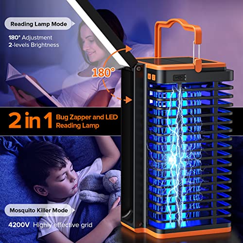 Solar Bug Zapper for Outdoor Indoor, Cordless & Rechargeable Mosquito Zapper with Reading Lamp, 4200V High Powered Mosquito Killer Insect Fly Trap 4000mAh Battery for Home, Patio, Camping