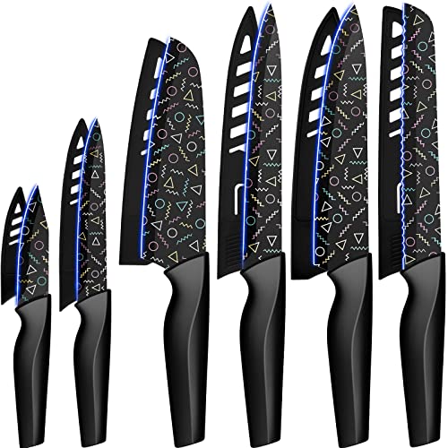 Astercook Knife Set, 12 Pcs Colorful Geometric Pattern Kitchen Knives Set, 6 Stainless Steel Chef Knife Sets with 6 Blade Guards, Dishwasher Safe, Black