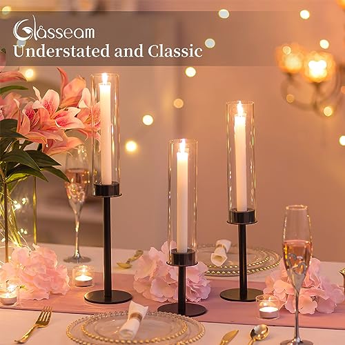 Glass Hurricane Black Candlestick Holders: Glasseam Metal Taper Candle Holders with Glass Cylinder Shade Set of 3, Modern Candle Holder for Table Centerpiece Wedding Christmas Decoration