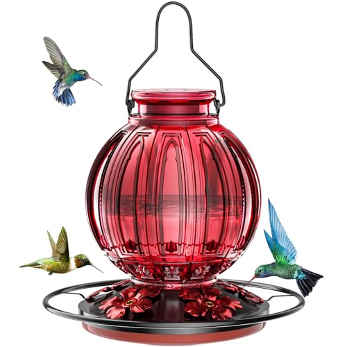2 Pack Glass Hummingbird Feeder for Outdoors Hanging, Bird Nectar Feeder with Perch & 5 Flower Feeding Ports, 26 Oz Leak Proof for Outside Garden Decor Backyard, Gifts for Women Mom, Green Blue