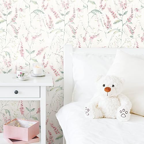 RoomMates RMK11452WP Pink Floral Sprig Peel and Stick Wallpaper , Pink