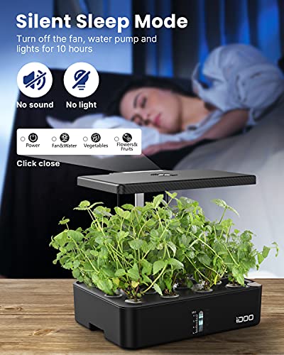 iDOO Hydroponics Growing System Kit 12Pods, Birthday Gifts for Mom Women, Herb Garden Indoor with LED Grow Light for Home, Built-in Fan, Auto-Timer, Adjustable Height Up to 11.3", 12Pods Kit-Black