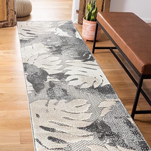 Rugshop Arles Palm Floral Leaves Non-Shedding Outdoor Rug Patio Deck Backyard Indoor/Outdoor Runner Rug 2' x 7' Gray