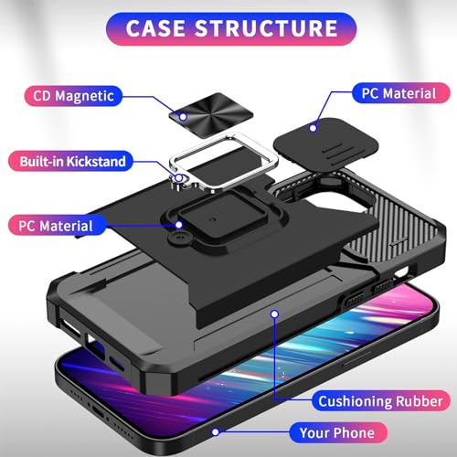 Phone Case Compatible for iPhone 15 Case Silicone Cover with Window Slide, Camera Protection, Card Holder Rotatable Ring Kickstand Magnetic Bumper Heavy-Duty Protector Solid Shockproof-Black