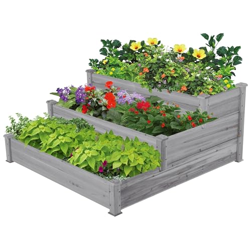 Yaheetech 3 Tier 47 x 47 x 22in Raised Garden Bed Horticulture Outdoor Elevated Flower Box Tiered Garden Bed Wooden Vegetables Growing Planter for Backyard/Patio/Gardener, Gray